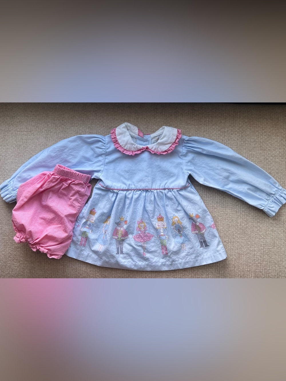 Charming Mary Light Blue Nutcracker Print Long-Sleeve Dress with Pink Bloomers